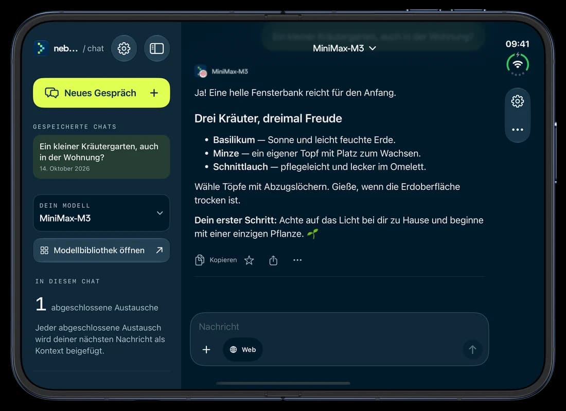 iPhone Duo · offen — Nebius Chat auf dem iPhone: ein Gespräch über einen Kräutergarten.