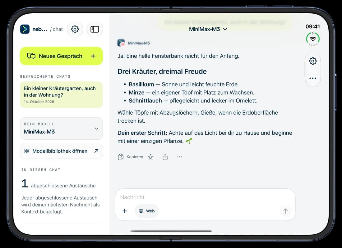 iPhone Duo · offen — Nebius Chat auf dem iPhone: ein Gespräch über einen Kräutergarten.