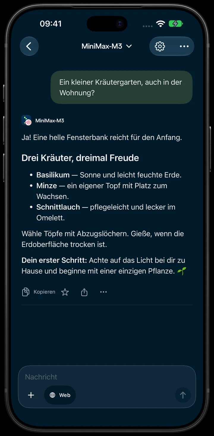 Nebius Chat auf dem iPhone: ein Gespräch über einen Kräutergarten.