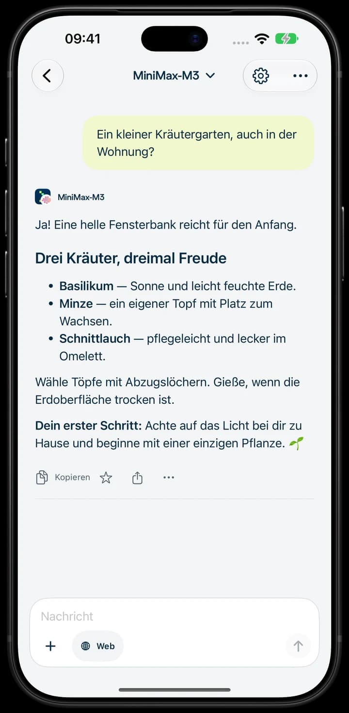 Nebius Chat auf dem iPhone: ein Gespräch über einen Kräutergarten.