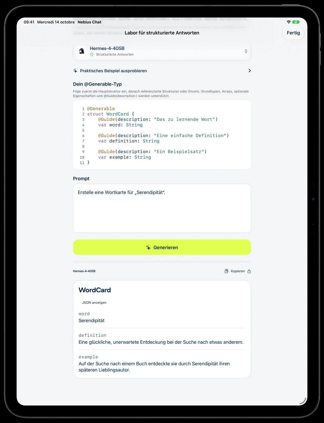 Eine im Labor erstellte Vokabelkarte auf dem iPad.