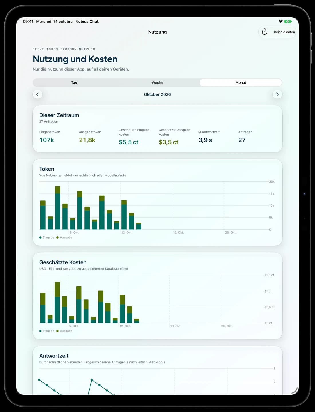 Das Nutzungsdashboard auf dem iPad mit Demonstrationsdaten.