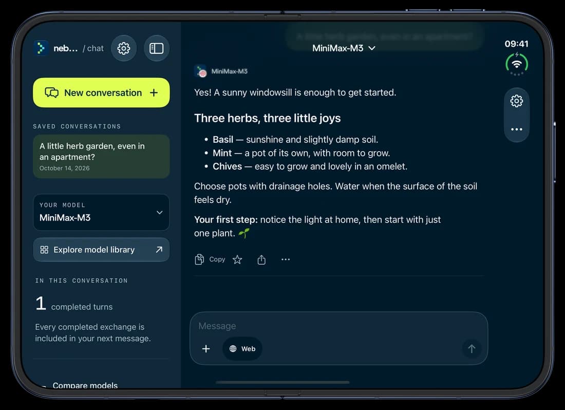 iPhone Duo · open — Nebius Chat on iPhone: a conversation about growing herbs.