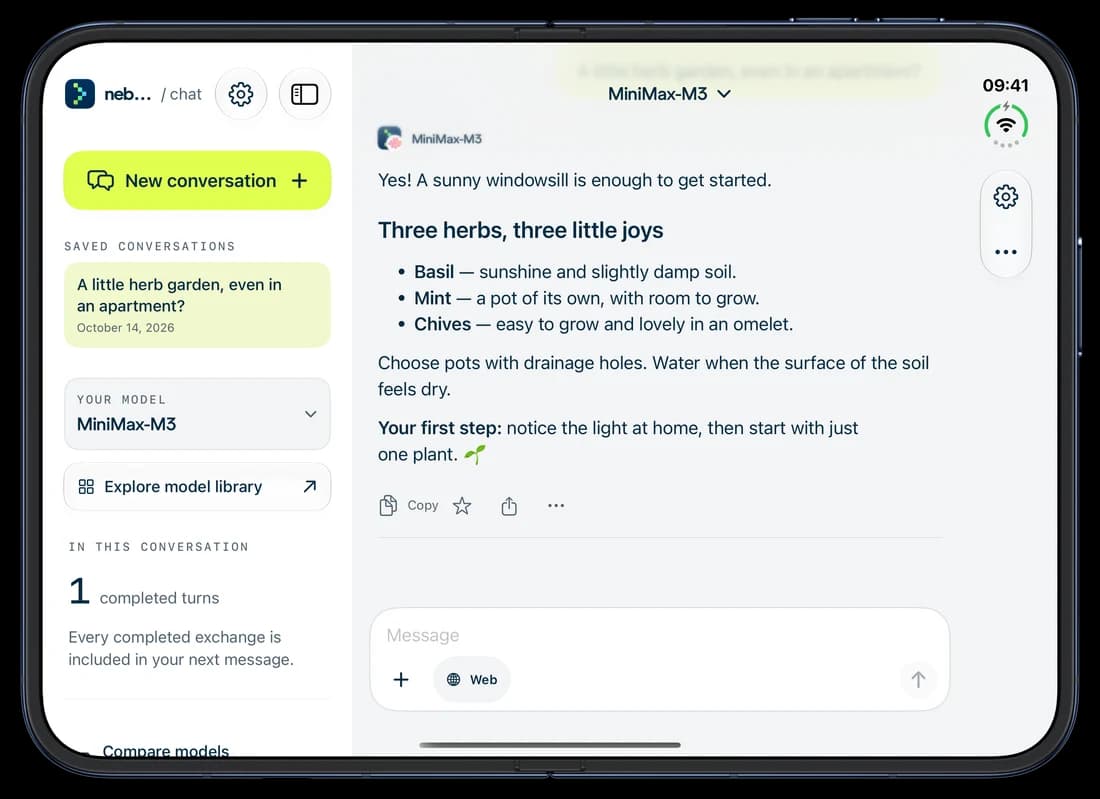iPhone Duo · open — Nebius Chat on iPhone: a conversation about growing herbs.