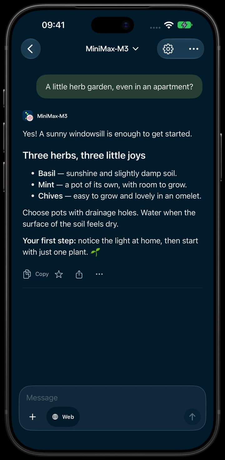 Nebius Chat on iPhone: a conversation about growing herbs.