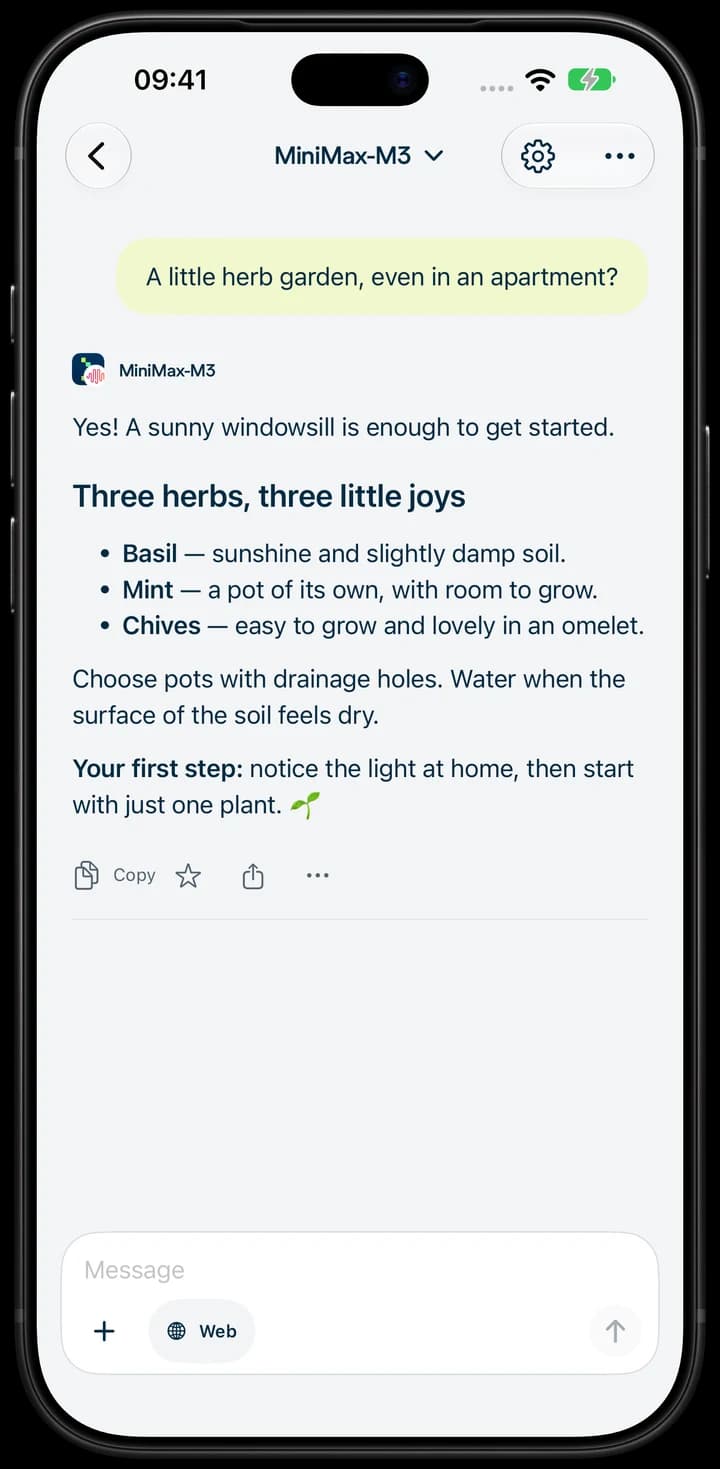 Nebius Chat on iPhone: a conversation about growing herbs.