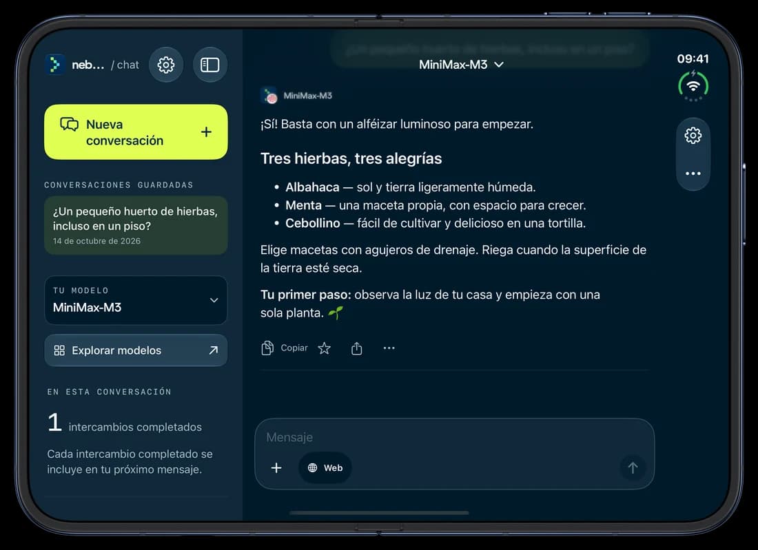 iPhone Duo · abierto — Nebius Chat en iPhone: una conversación sobre cultivar hierbas aromáticas.