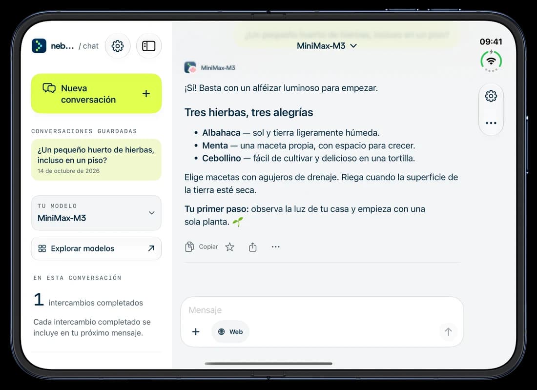 iPhone Duo · abierto — Nebius Chat en iPhone: una conversación sobre cultivar hierbas aromáticas.