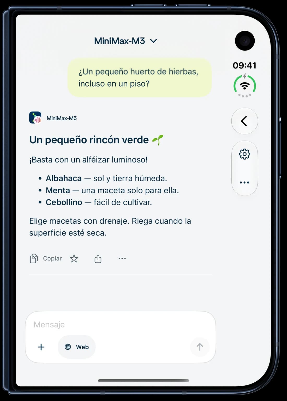 iPhone Duo · cerrado — Nebius Chat en iPhone: una conversación sobre cultivar hierbas aromáticas.