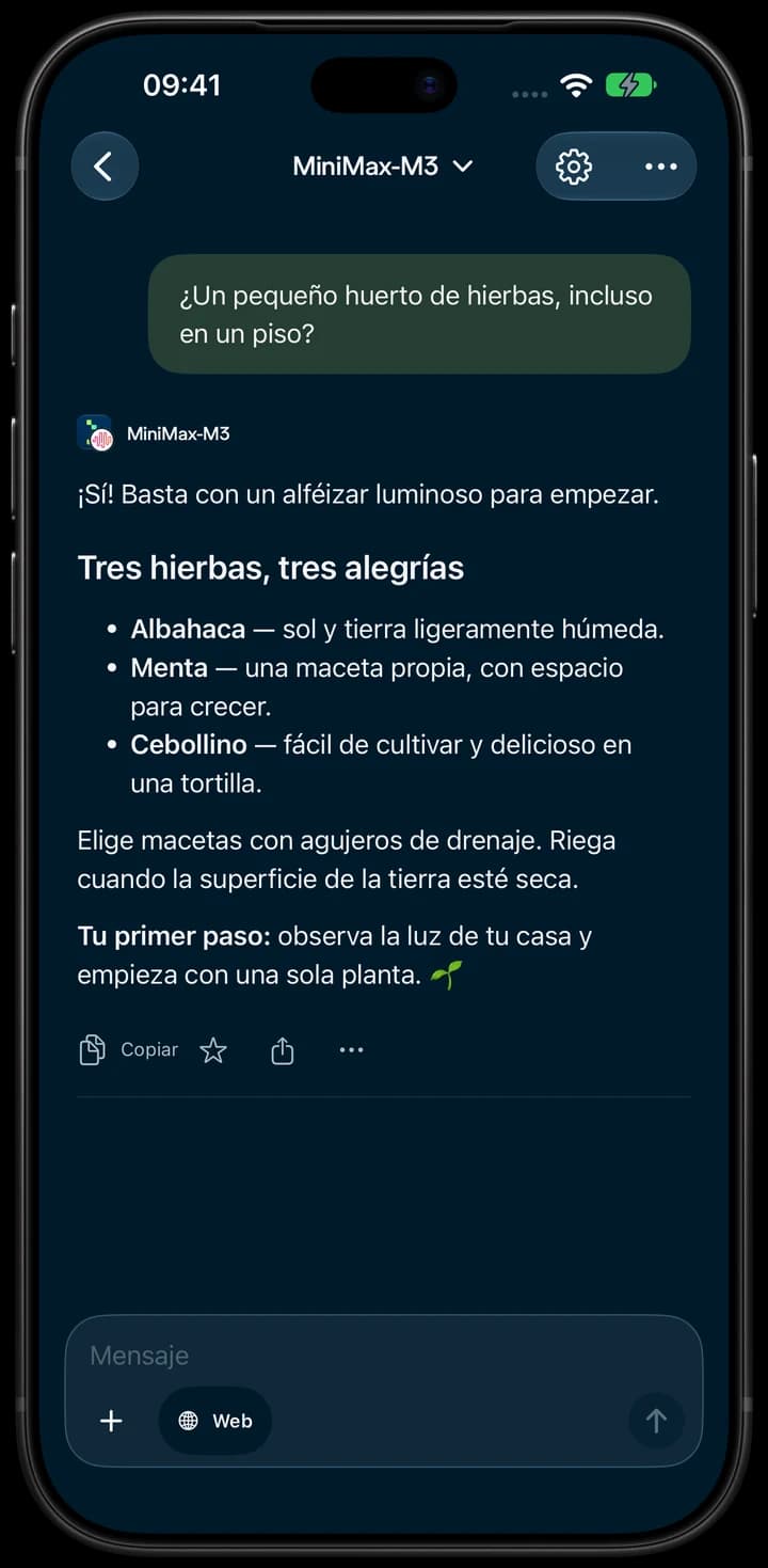 Nebius Chat en iPhone: una conversación sobre cultivar hierbas aromáticas.