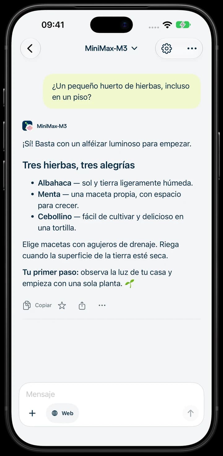 Nebius Chat en iPhone: una conversación sobre cultivar hierbas aromáticas.