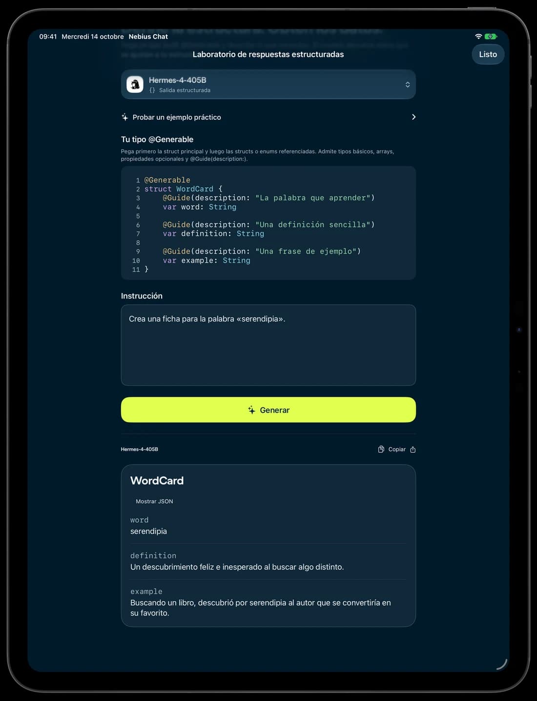 Una ficha de vocabulario generada en el laboratorio en iPad.