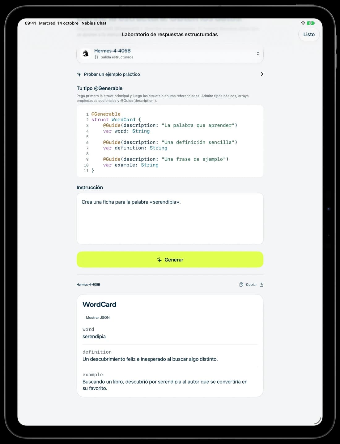 Una ficha de vocabulario generada en el laboratorio en iPad.