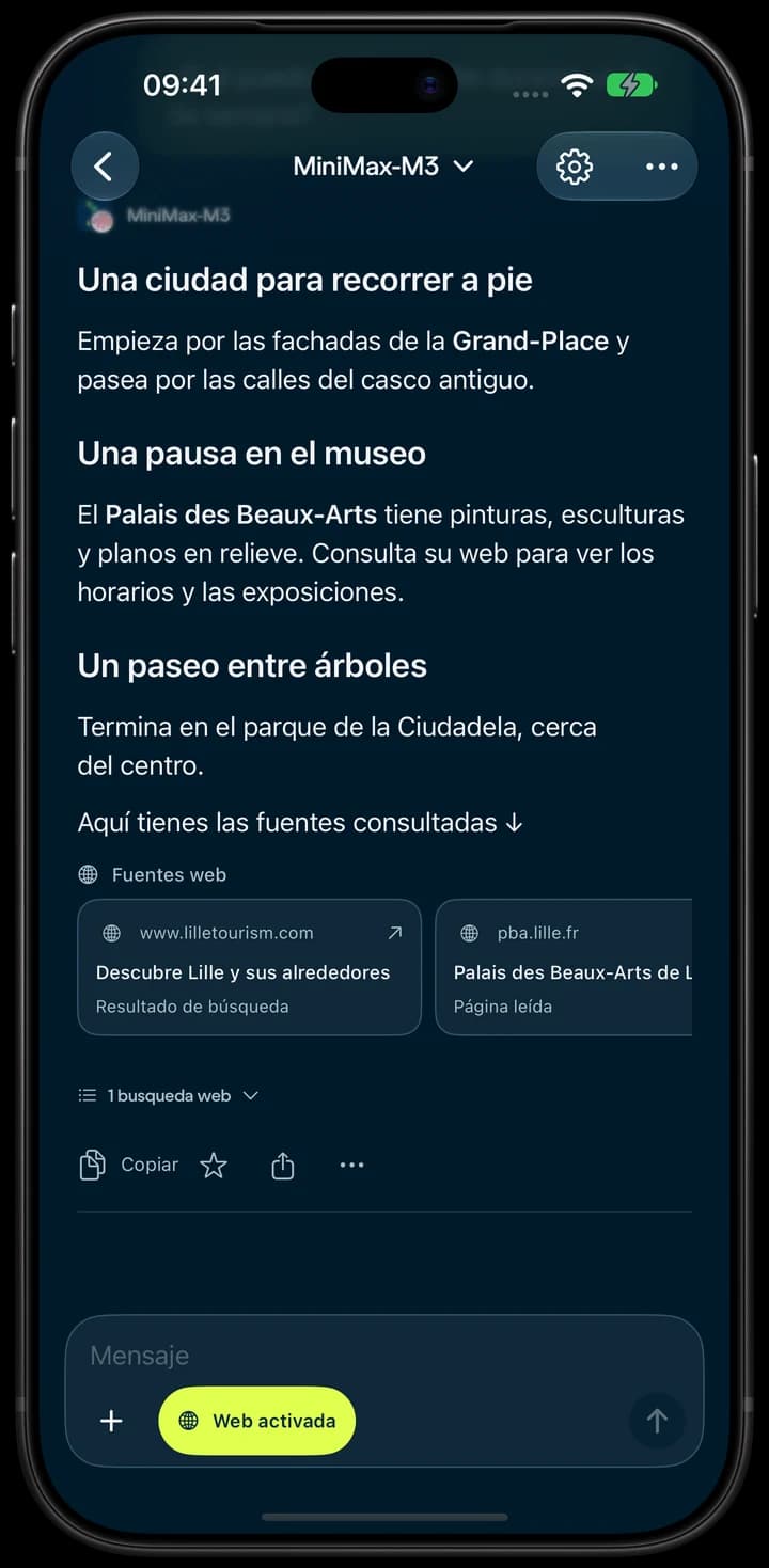 Una búsqueda sobre Lille con enlaces a las fuentes, en iPhone.