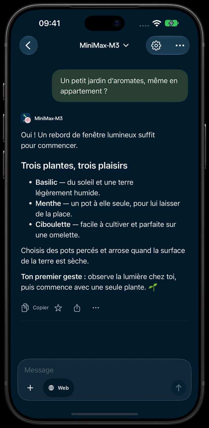 Nebius Chat sur iPhone : une conversation autour d’un jardin d’aromates.
