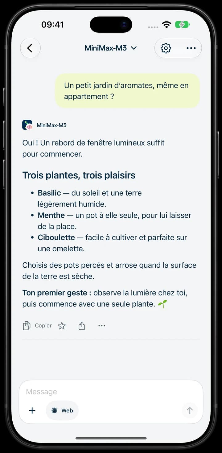 Nebius Chat sur iPhone : une conversation autour d’un jardin d’aromates.