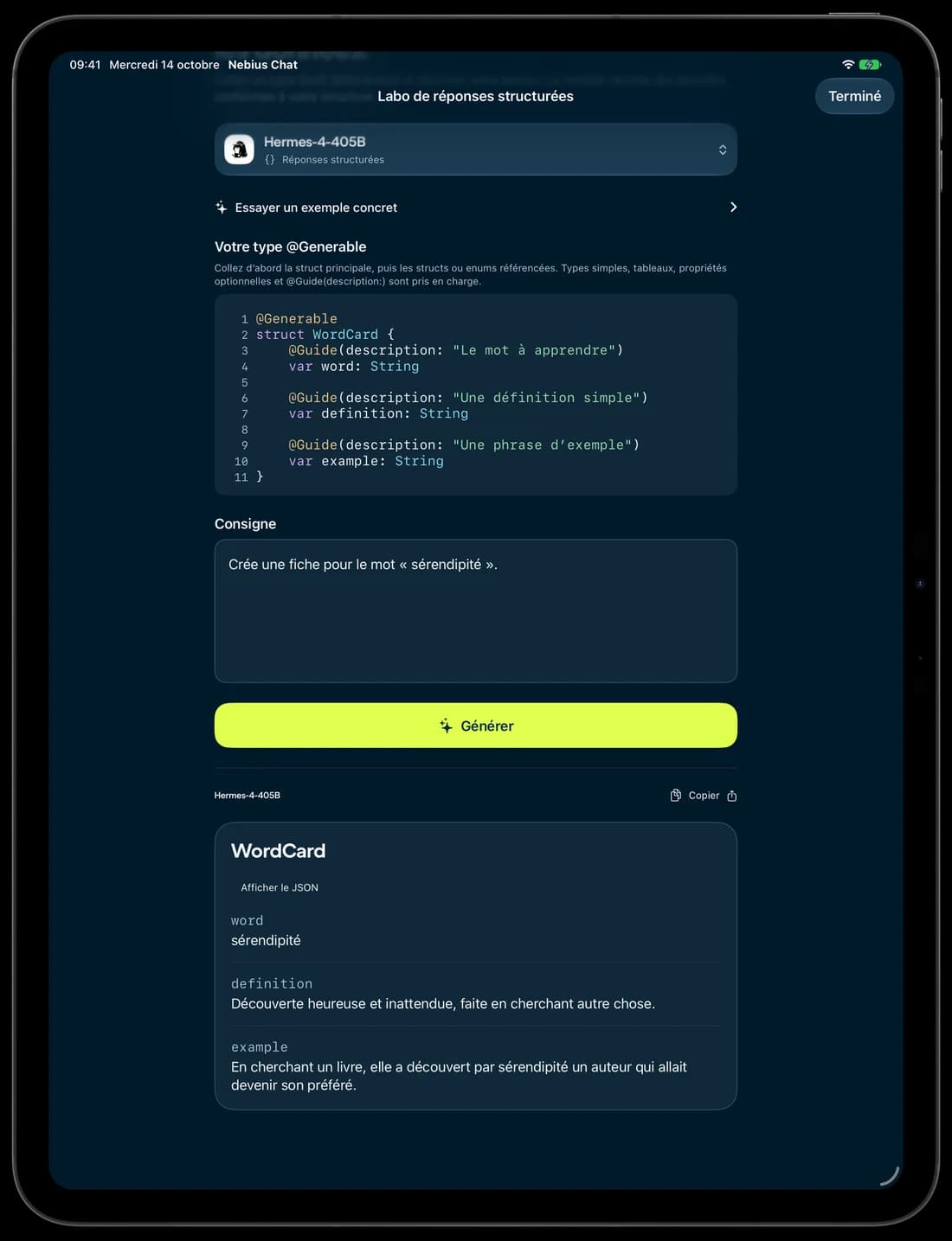 Une fiche de vocabulaire générée dans le laboratoire sur iPad.