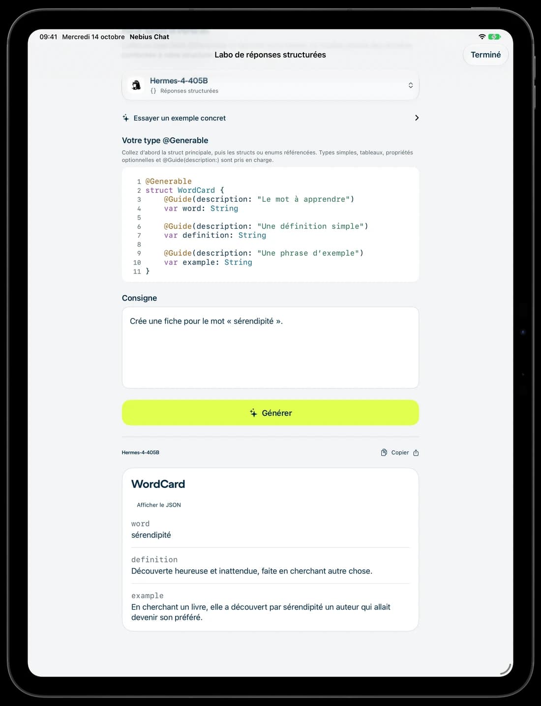 Une fiche de vocabulaire générée dans le laboratoire sur iPad.