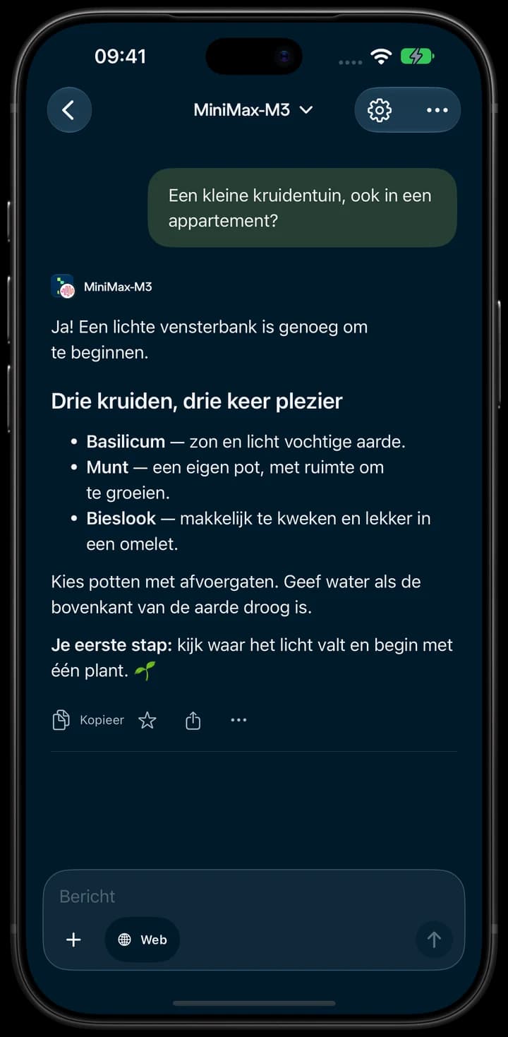Nebius Chat op iPhone: een gesprek over een kruidentuin.