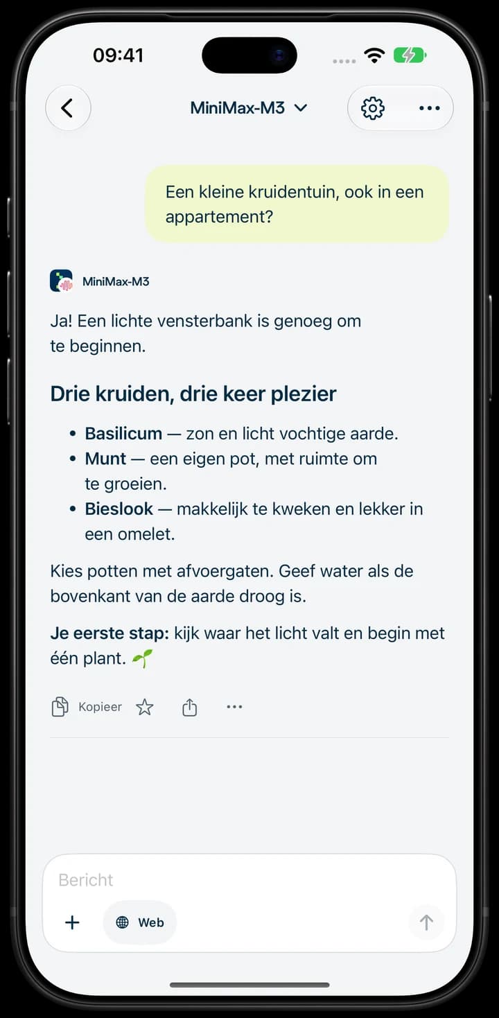 Nebius Chat op iPhone: een gesprek over een kruidentuin.