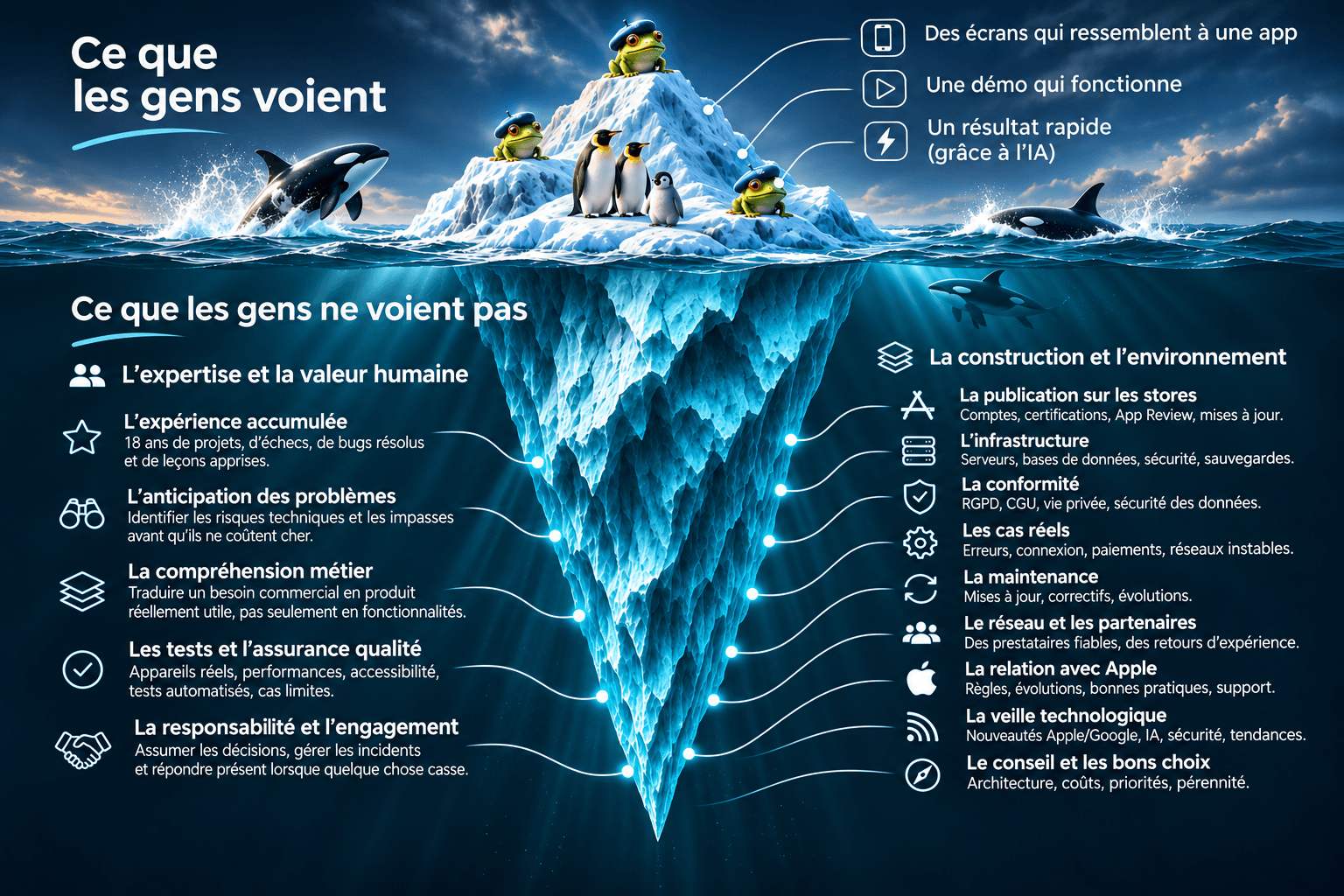 L'iceberg du développement d'une application : la démo visible et tout le travail invisible nécessaire à un produit fiable.