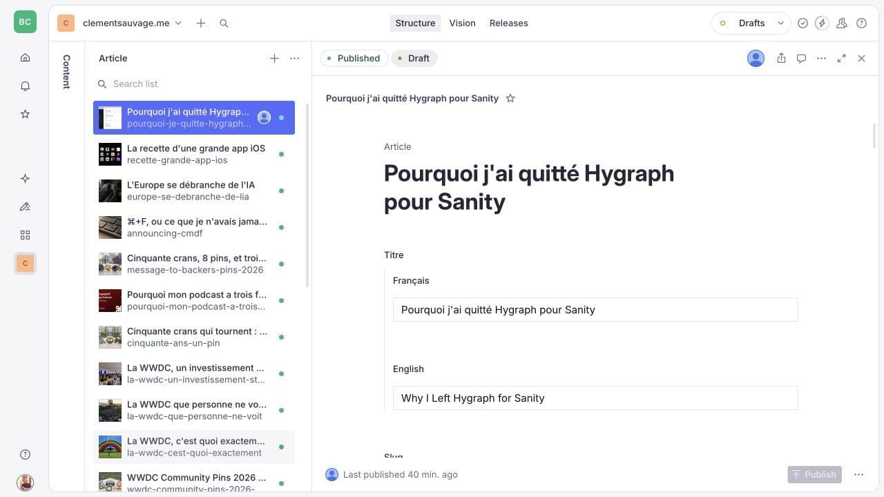My Sanity Studio: the clementsauvage.me article list, with French and English titles in the same document.